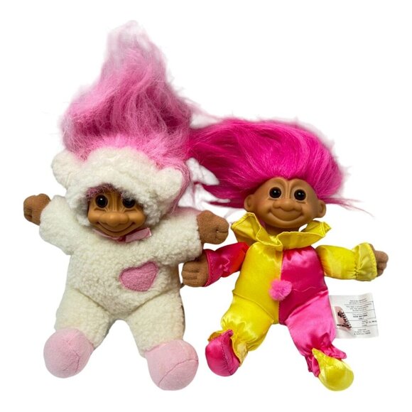 Russ Troll Doll Lot 2 Toy 7 inch Pink Clown and White Lamb Vintage 1990s - Picture 1 of 13